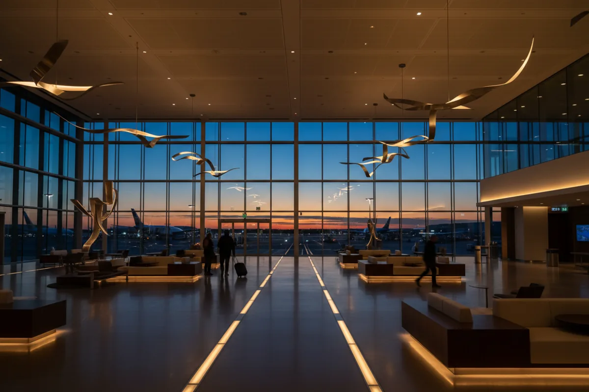 The interior of a modern airport terminal with large windows overlooking the airfield at dusk.