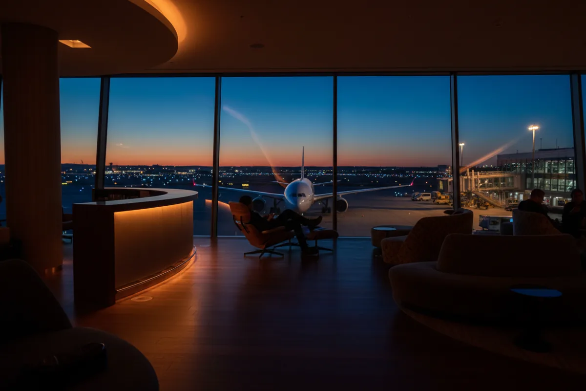 A quiet, modern airport lounge with seating overlooking the tarmac at twilight.