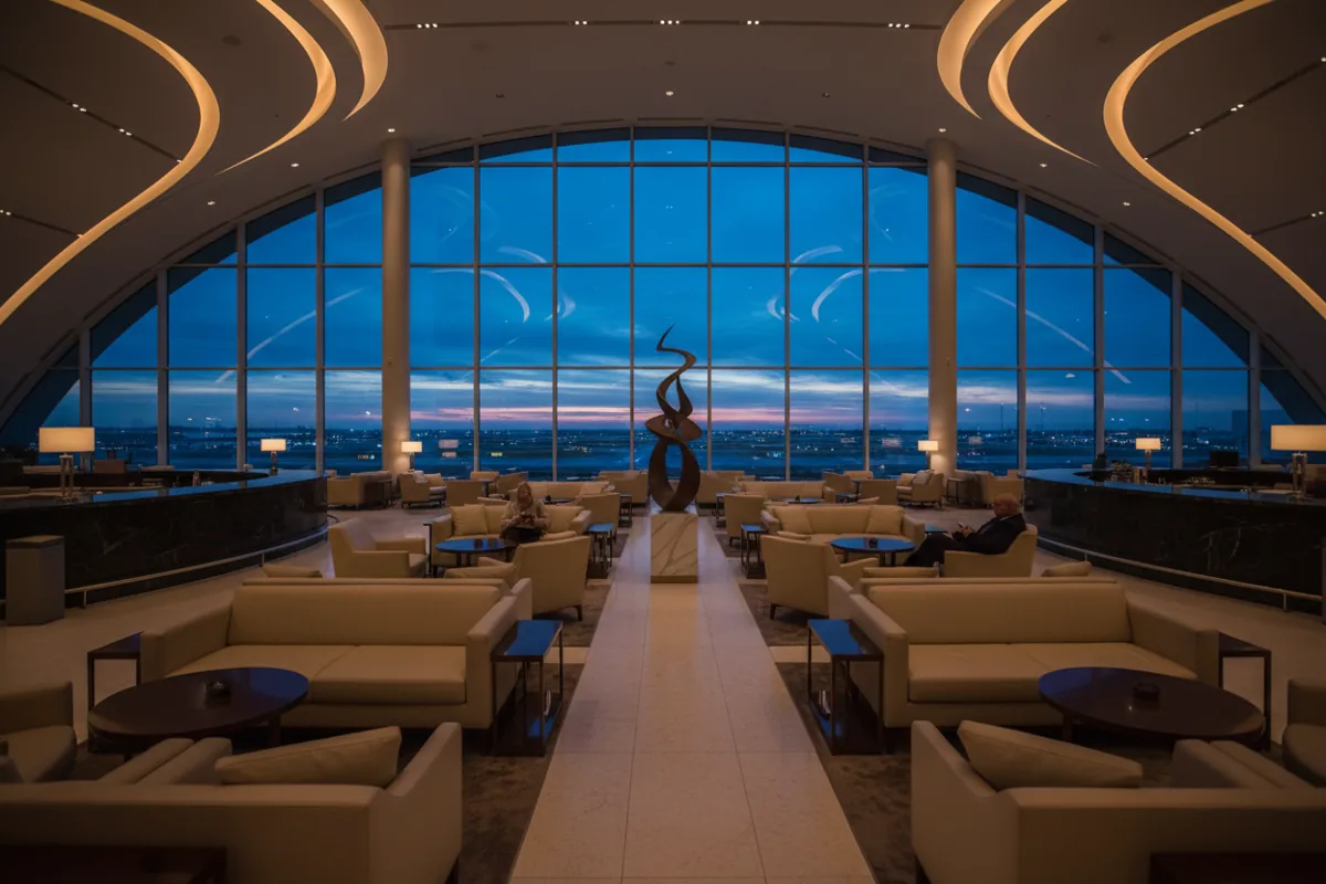 The sunlit, empty, and luxurious Emirates business class lounge at JFK airport.