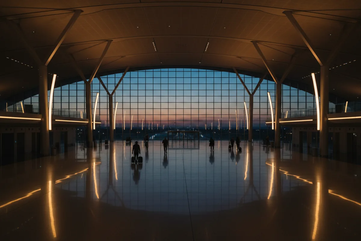 The interior of a modern, spacious airport terminal with warm lighting and a few travelers.