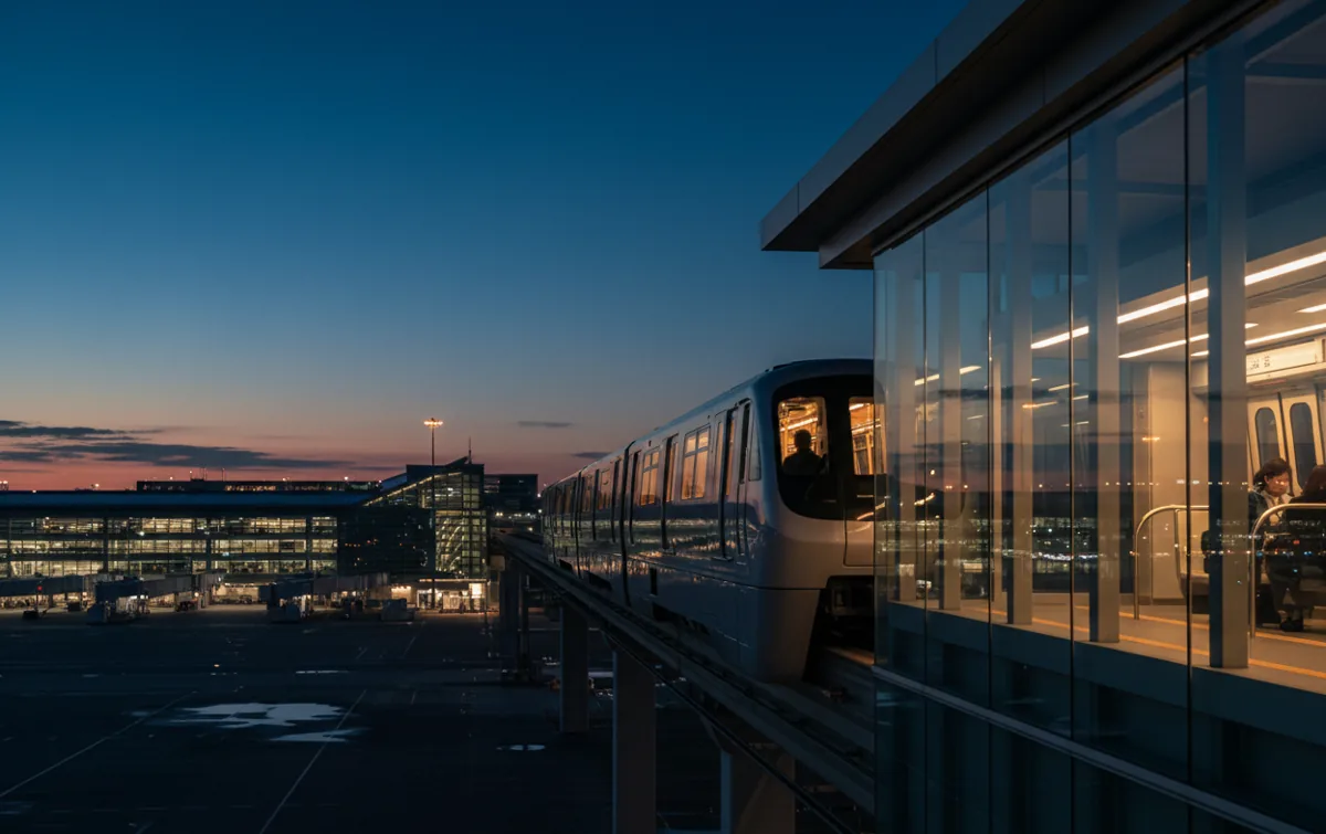 A modern airport monorail train arriving at an elevated station at twilight.