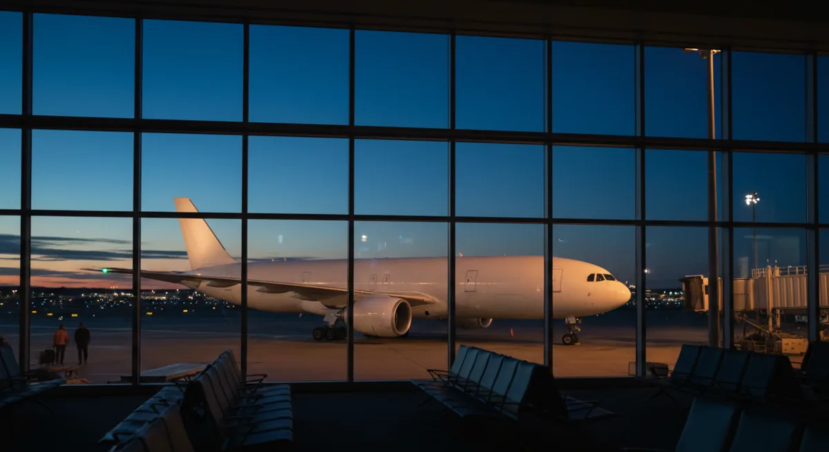 A wide-body airliner seen through the windows of an empty Newark Airport gate area.