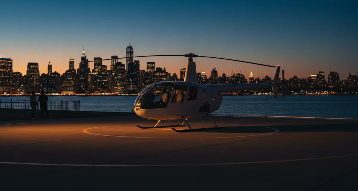 A white helicopter parked on a quiet heliport with the New York City skyline in the background.