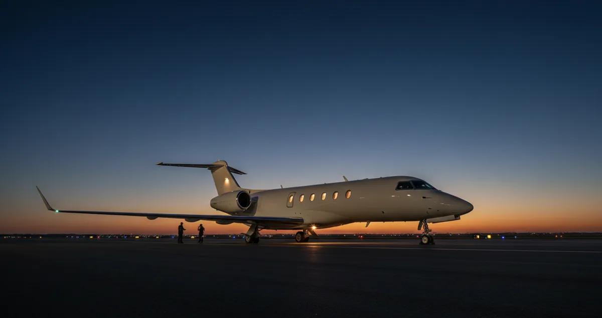 A white private jet parked on an empty airport tarmac on a clear day.