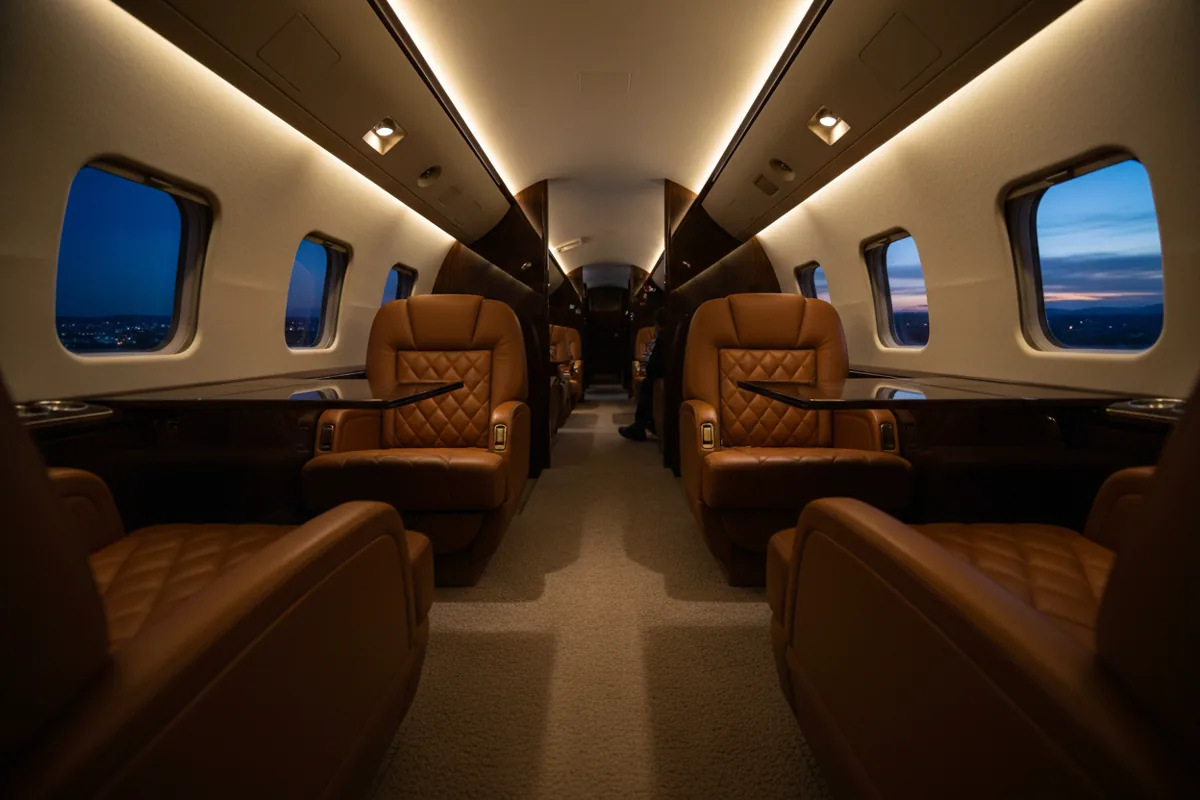 The empty, luxurious interior of a private jet cabin with warm lighting at dusk.