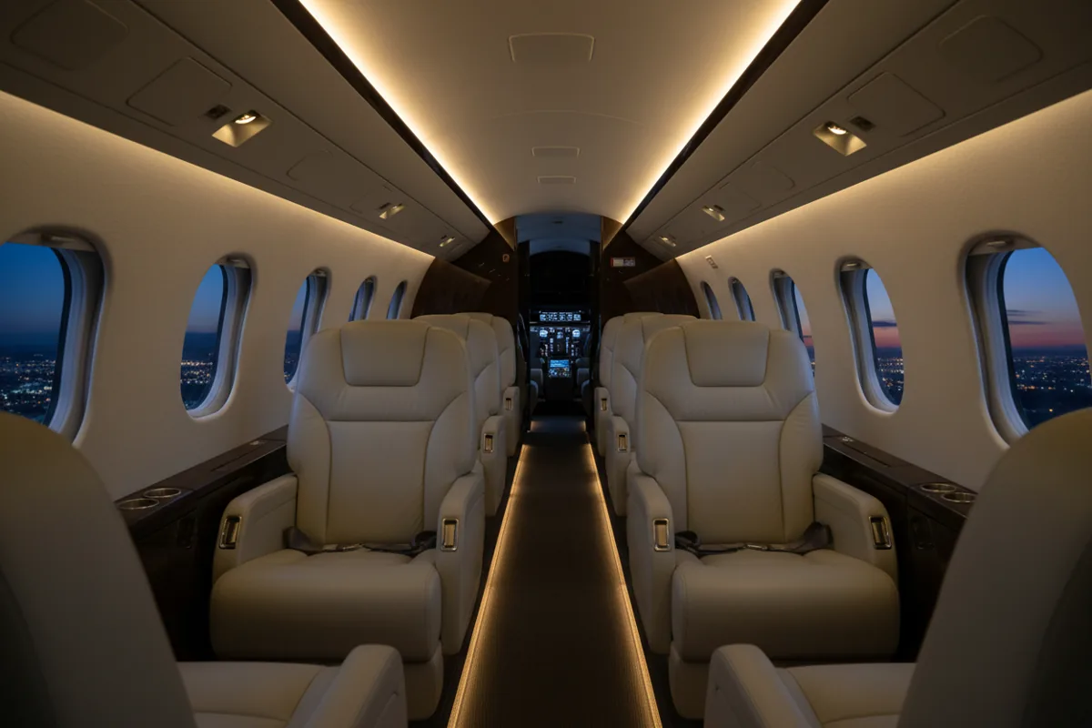 The empty, illuminated cabin of a private jet in flight at night, with city lights visible through the windows.