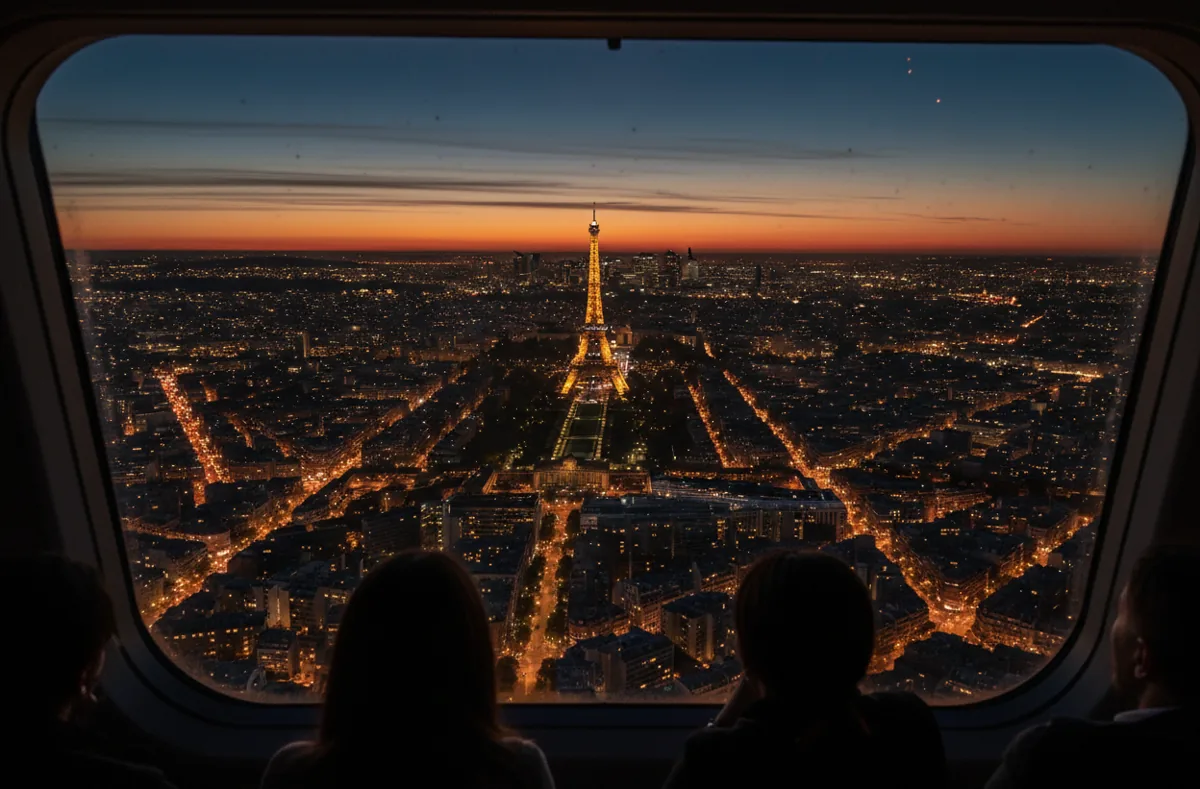 Aerial view of the illuminated Eiffel Tower and Paris skyline at dusk from an aircraft window.