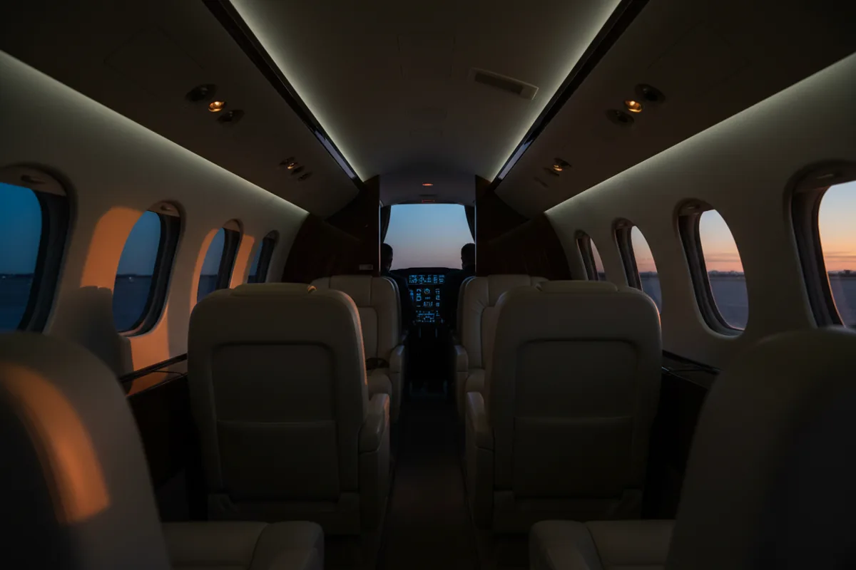 Sunlight illuminates the empty, luxurious leather seats inside a private jet cabin, looking toward the cockpit.