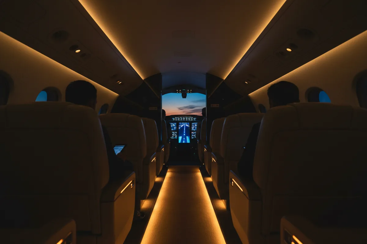The luxurious interior of a private jet cabin at night, looking towards the cockpit and a glowing runway.
