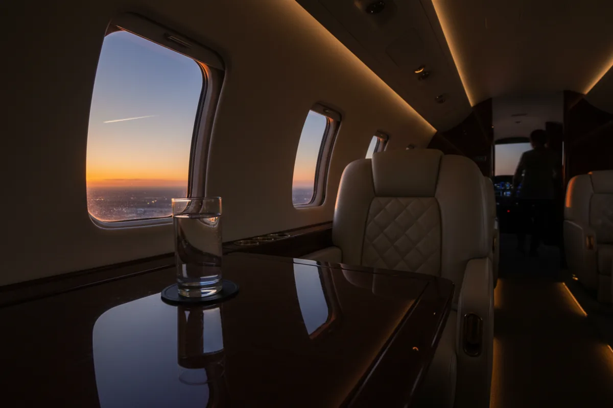Sunlight on a plush leather seat and table inside an empty Epic Victory private jet cabin.