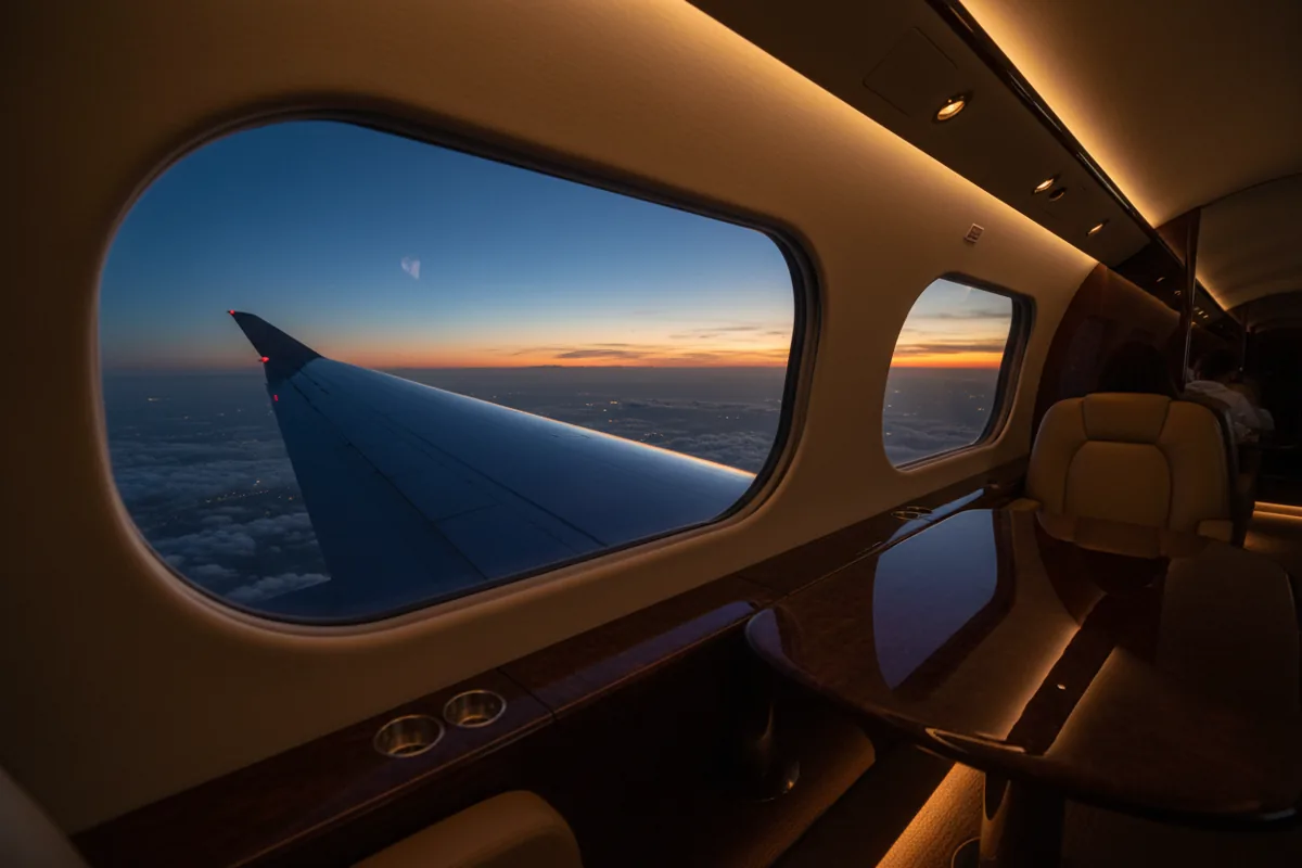 The interior of a luxurious private jet cabin with a view of the wing and the sky at dusk.