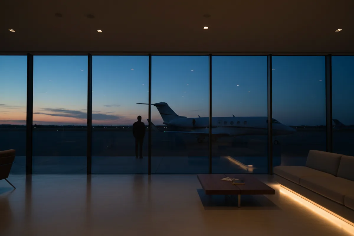A person looking out from a modern airport lounge onto a private jet on the tarmac at dusk.