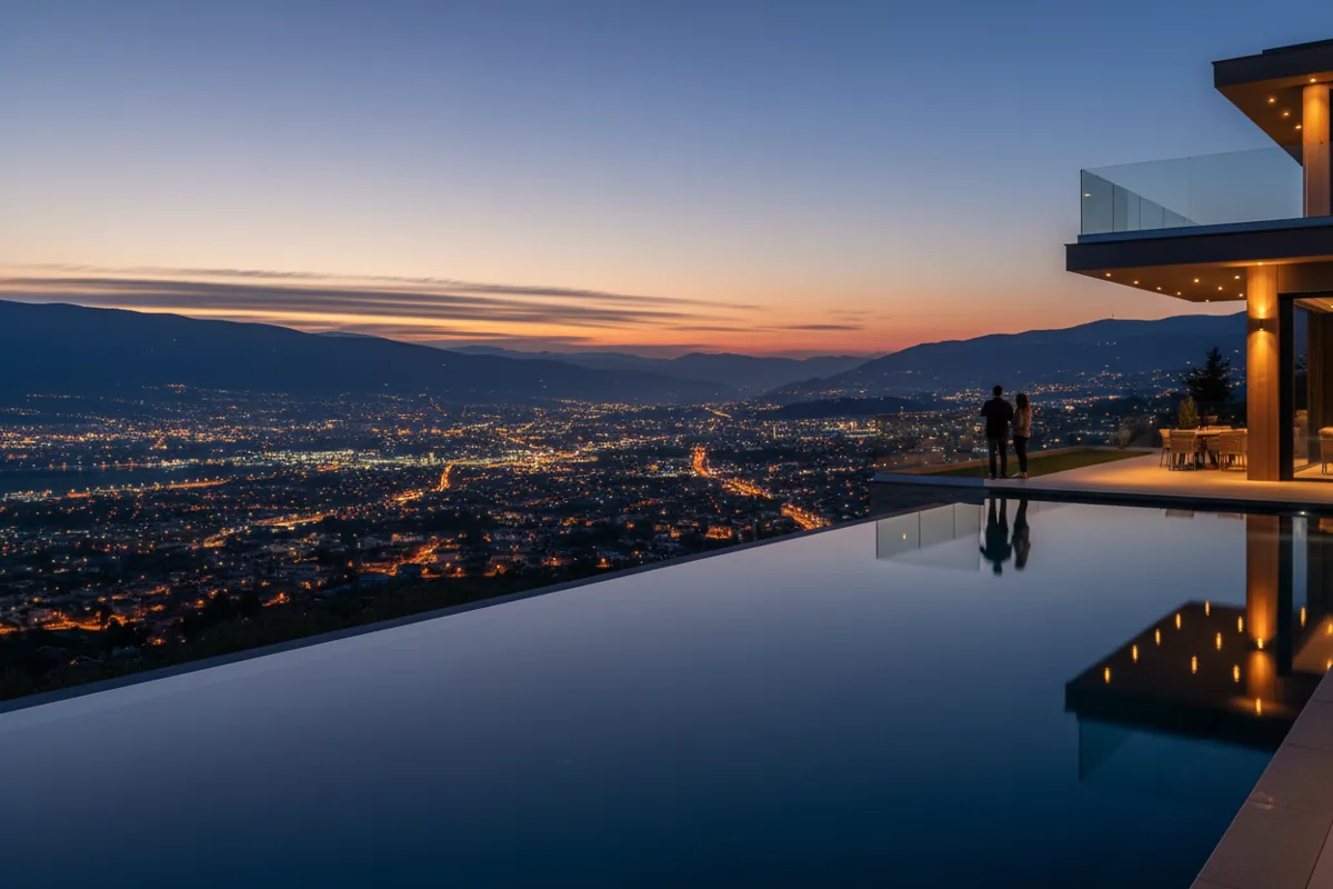 A luxury villa's infinity pool overlooking a valley of city lights at twilight.