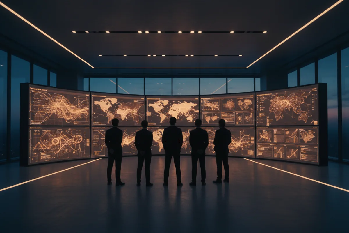 A modern logistics control room with large, glowing screens displaying abstract data maps at night.