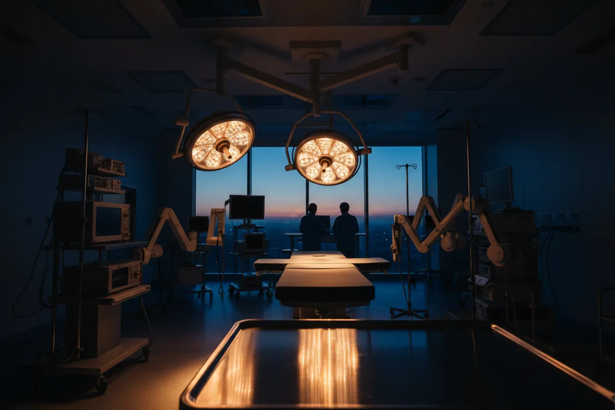A modern, empty surgical operating room with advanced equipment glowing in the dark.