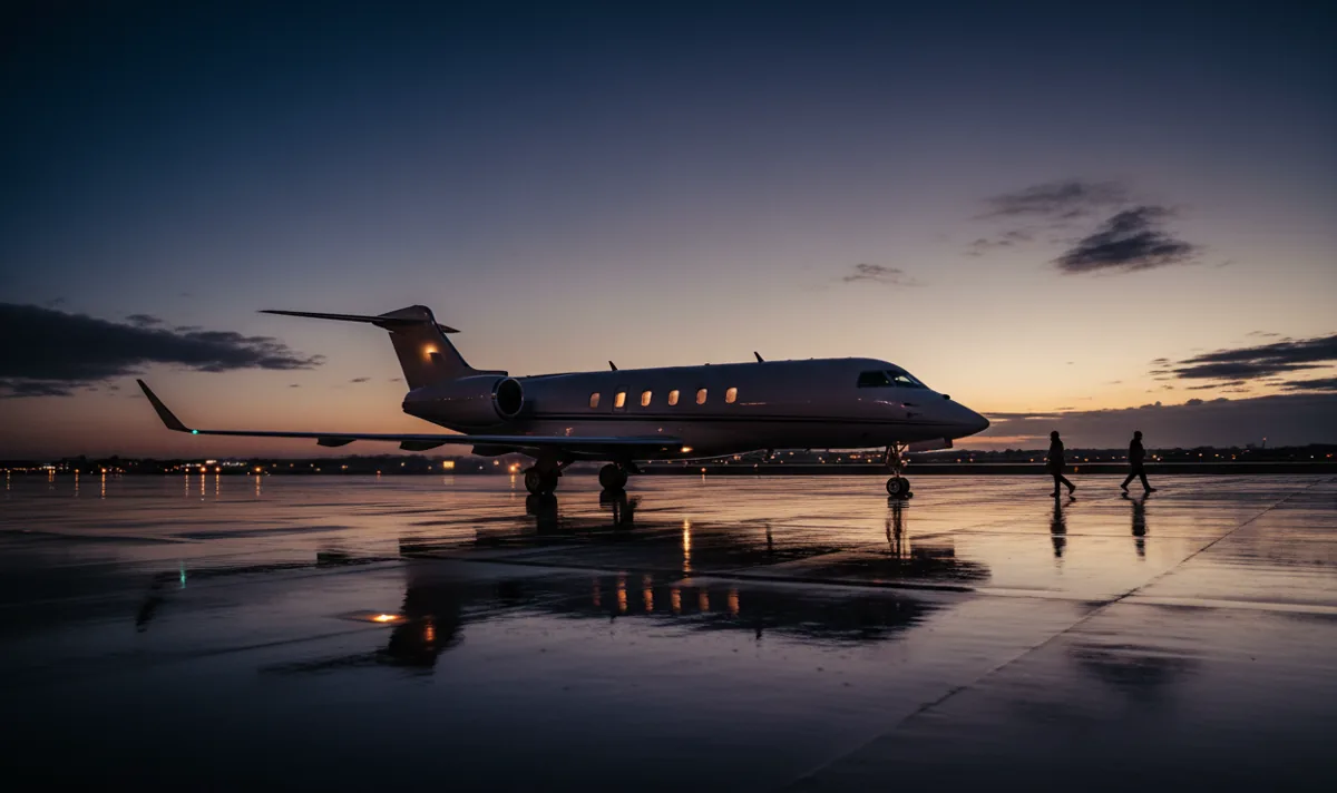 A private jet on an airport tarmac at dusk, with runway lights reflecting on the wet ground.