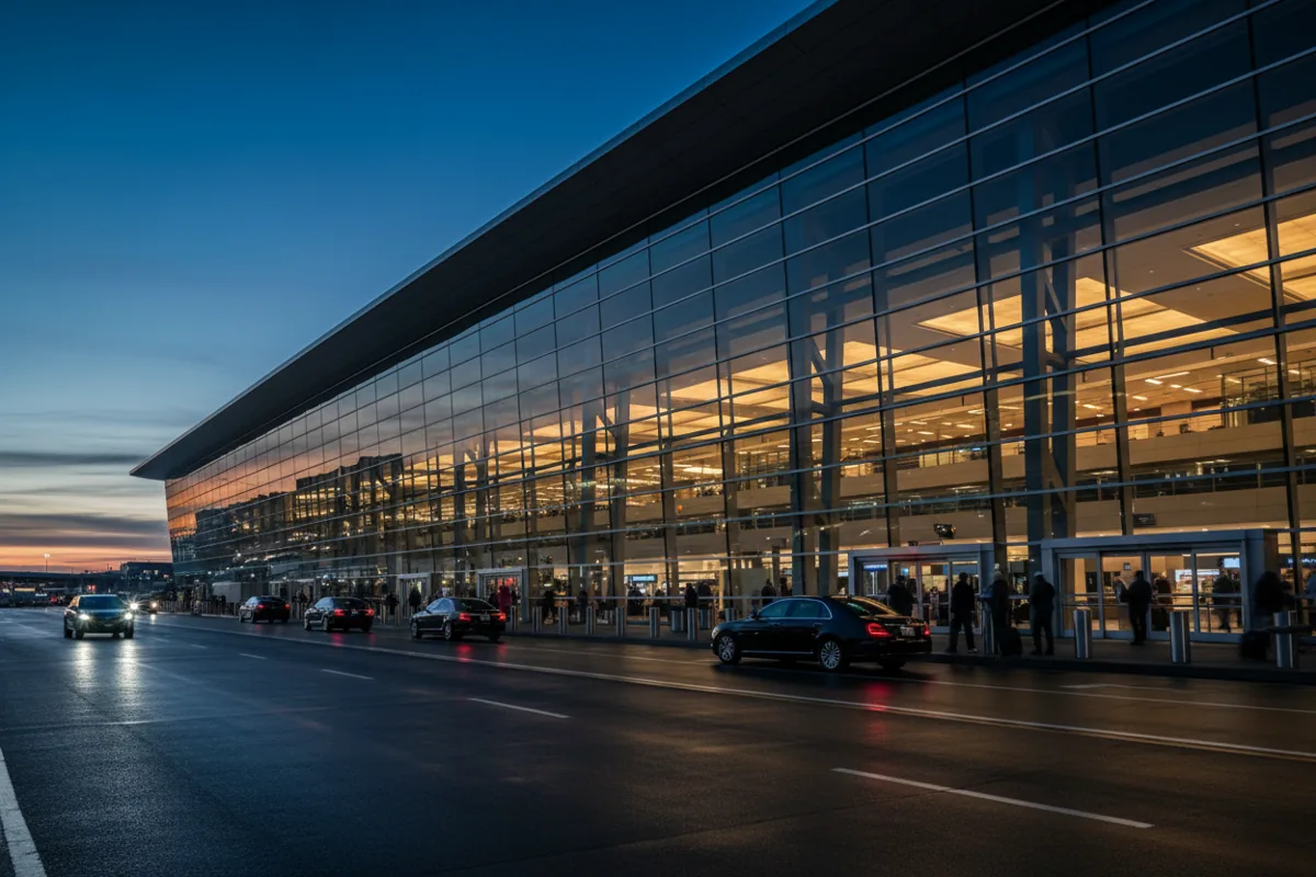The exterior of a modern glass airport terminal building at dusk.