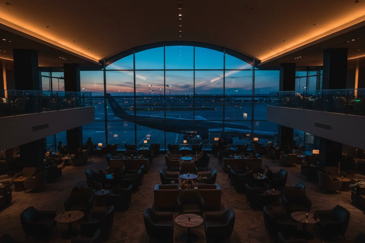 A spacious, modern airport lounge with large windows at twilight.