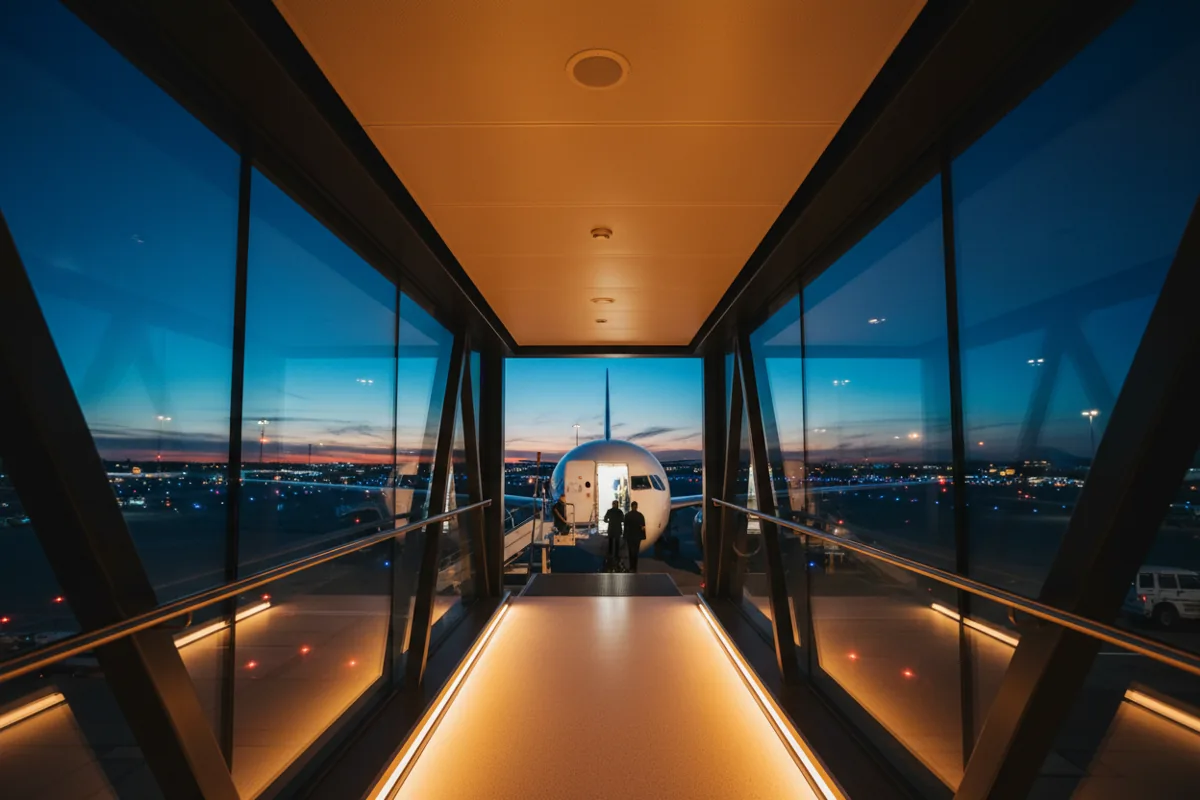 A view from inside a jet bridge looking towards an airplane at night.