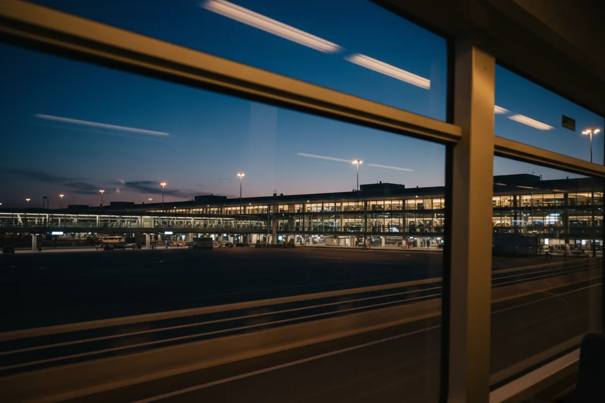 View of a glowing airport terminal at night from inside a moving airport tram.