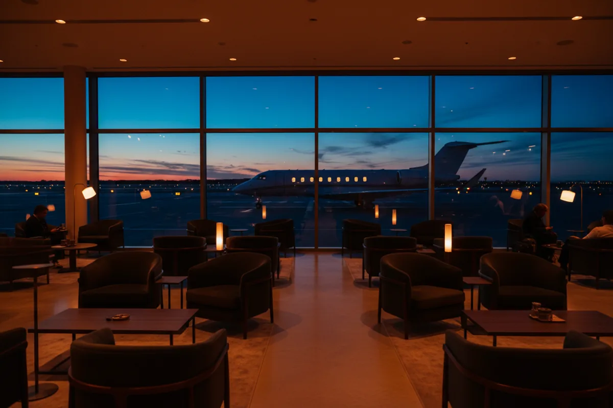 An empty, modern airport lounge with comfortable chairs overlooking the tarmac at dusk.