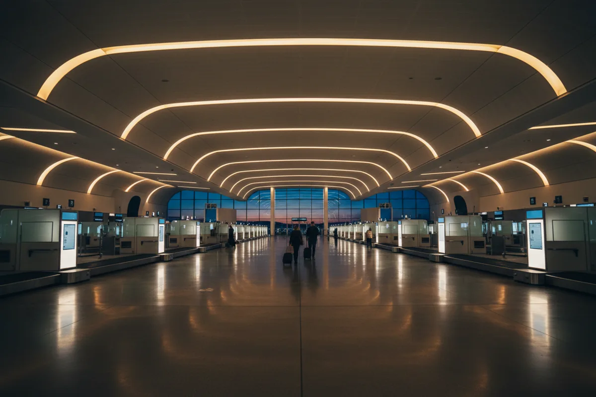 A wide, empty customs and immigration hall with modern architectural lighting.