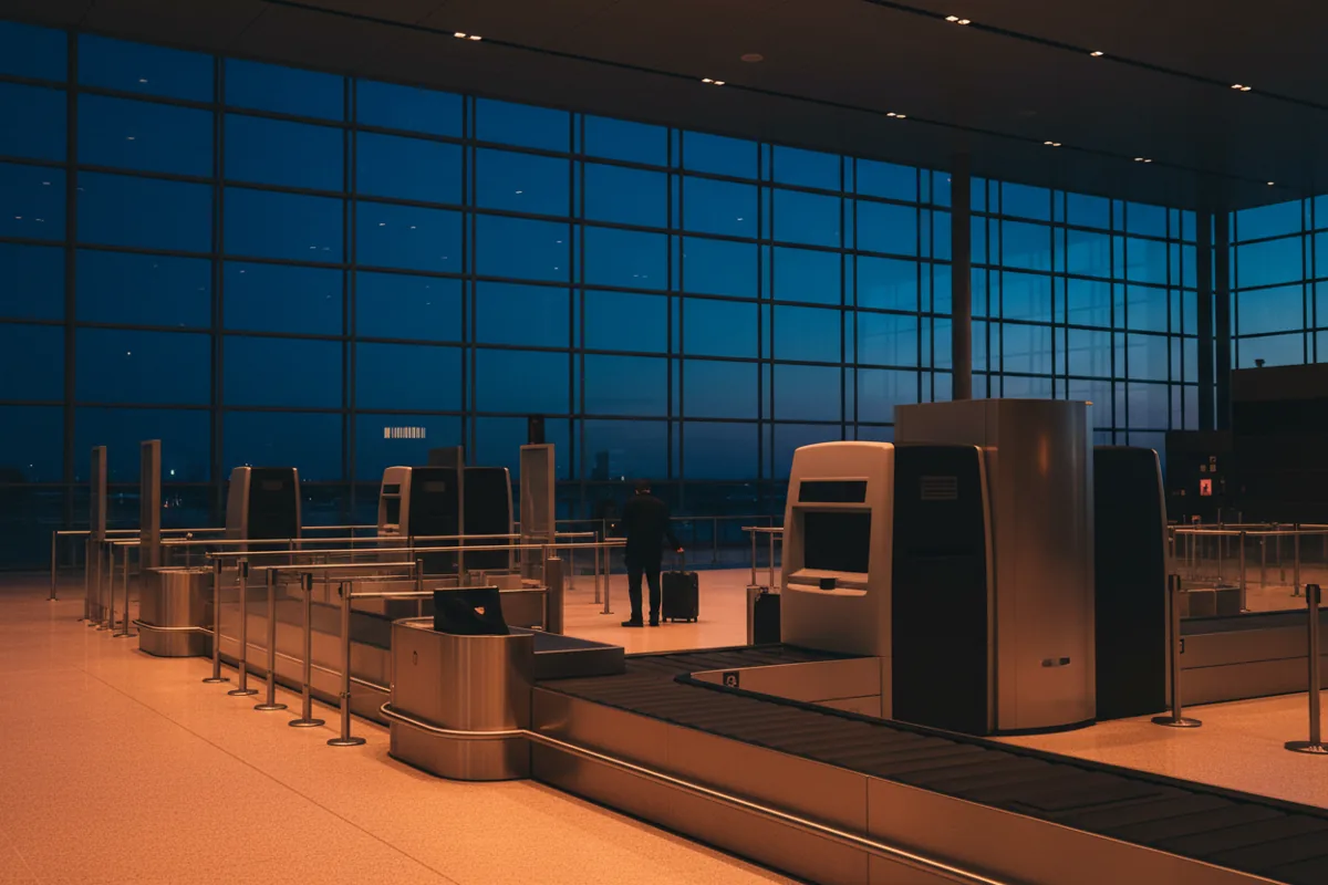 A quiet, modern airport security checkpoint with glowing lights at dusk.