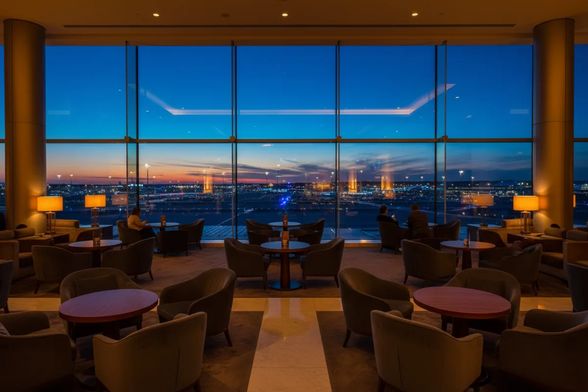 An empty, luxurious airport lounge with armchairs overlooking the tarmac at twilight.