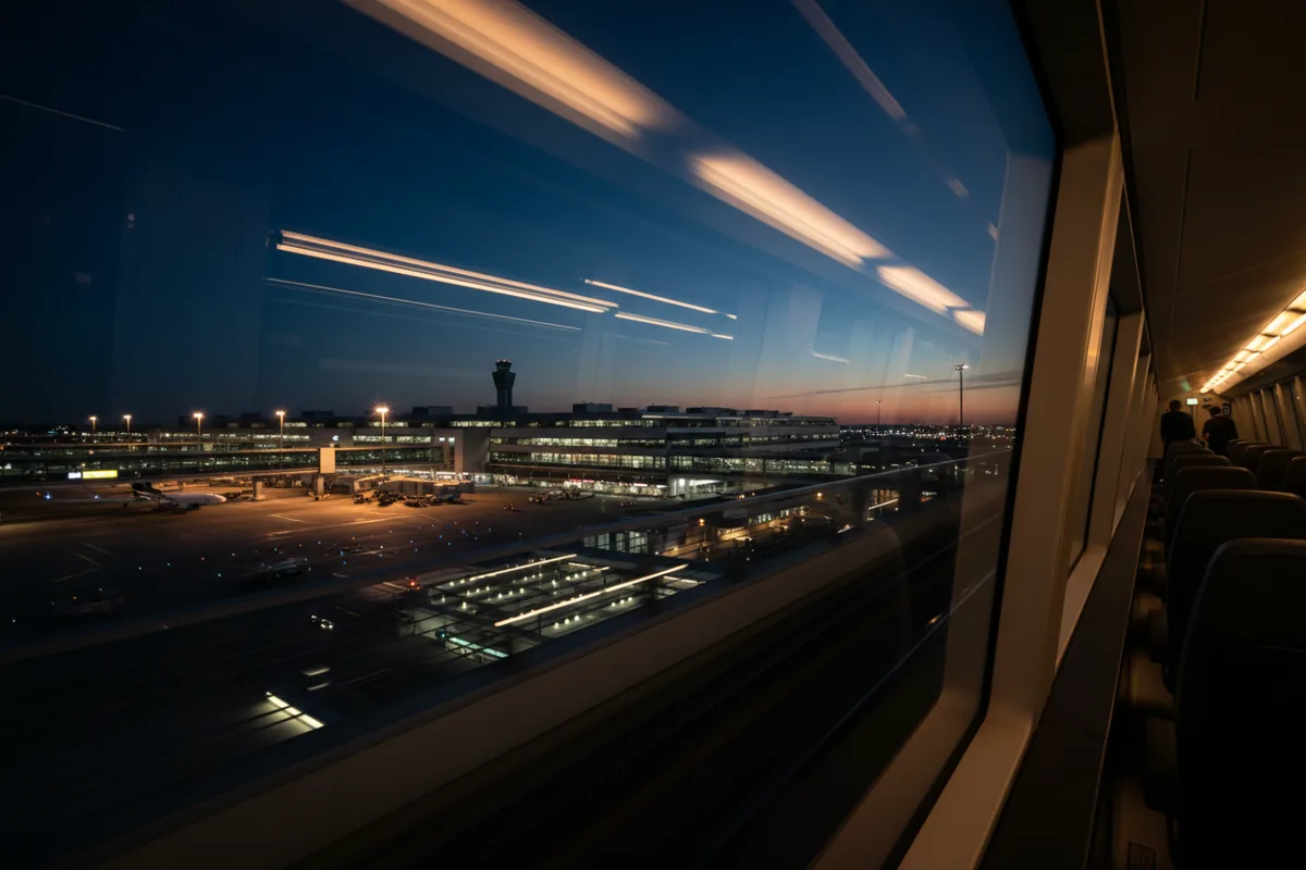 View from a moving airport train at night, showing blurred terminal lights outside the window.