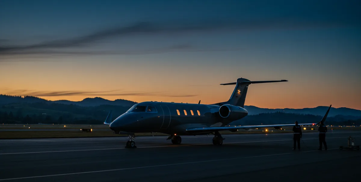 A private jet on the tarmac in Eugene, Oregon, with the green hills of the Willamette Valley in the distance.