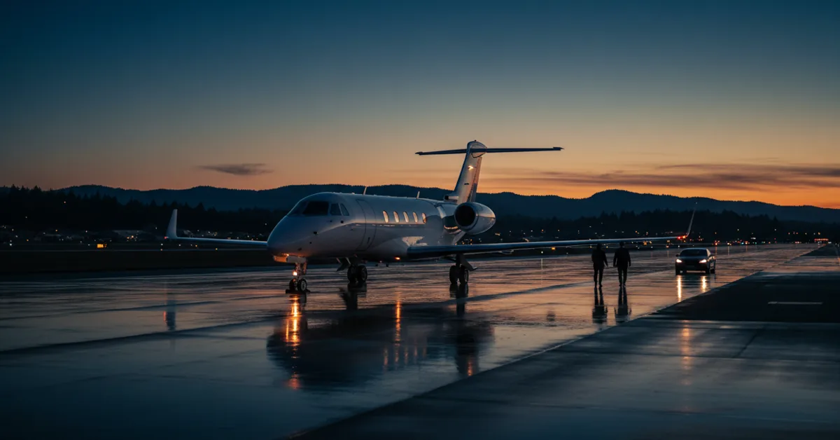 A white private jet on a sunny airport tarmac with green, rolling hills in the background.