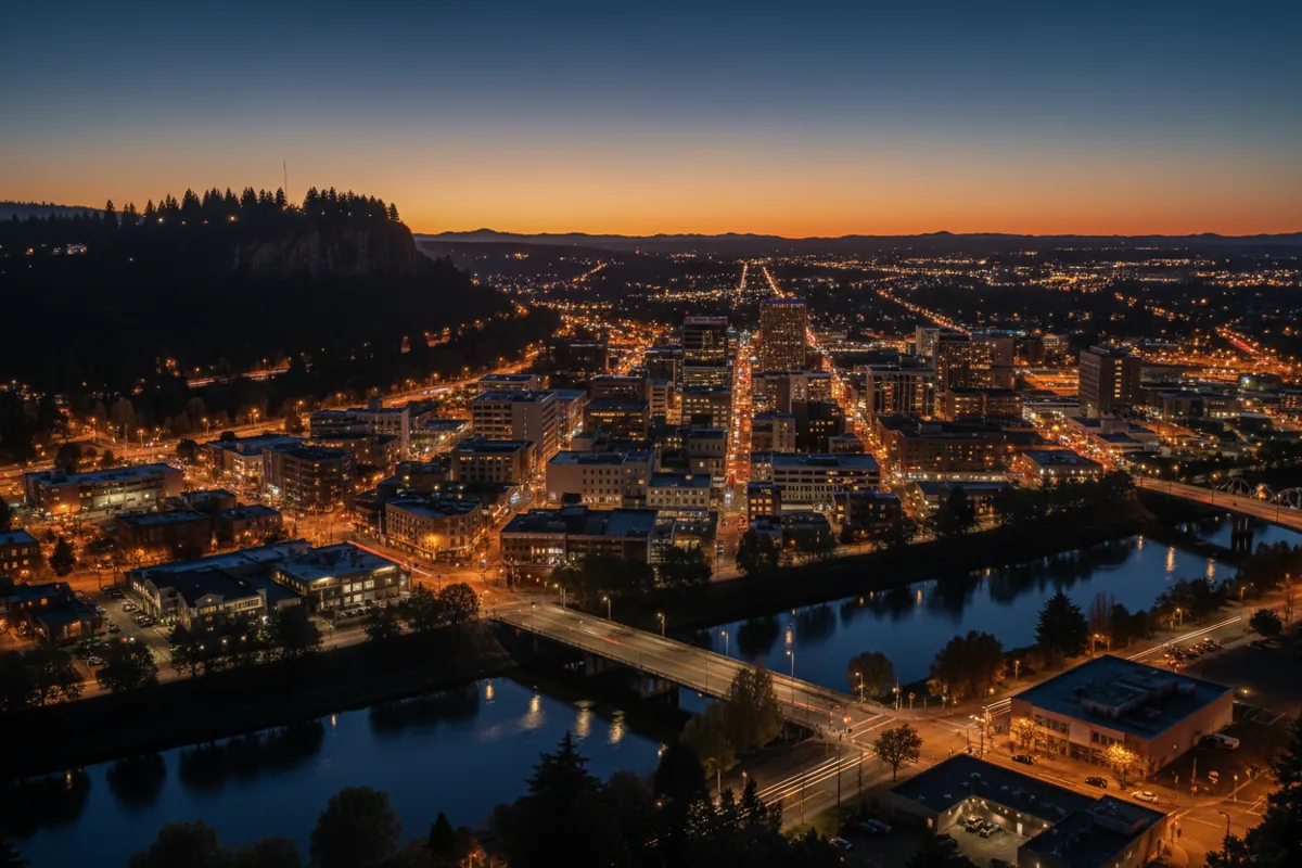An elevated view of Eugene, Oregon's city lights at dusk with a hill in the background.