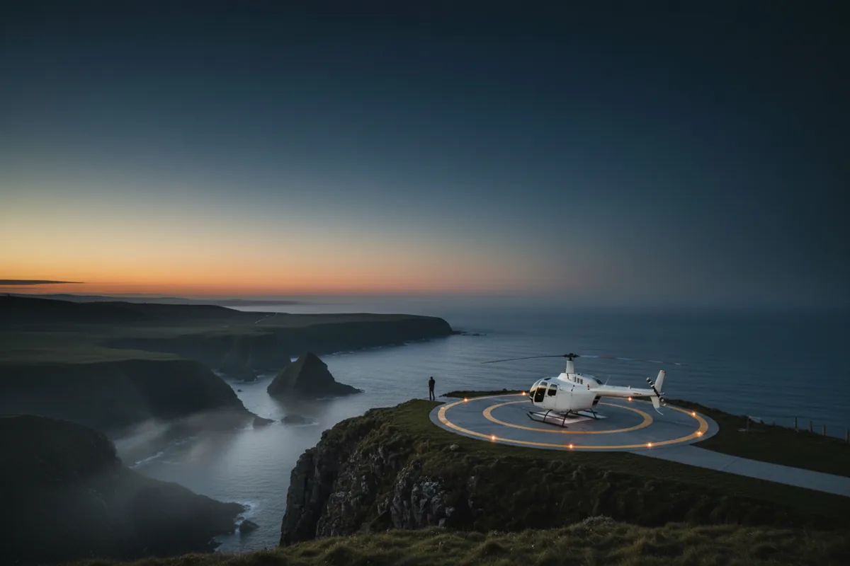 A white helicopter on a cliffside helipad overlooking the misty Scottish coastline at sunrise.