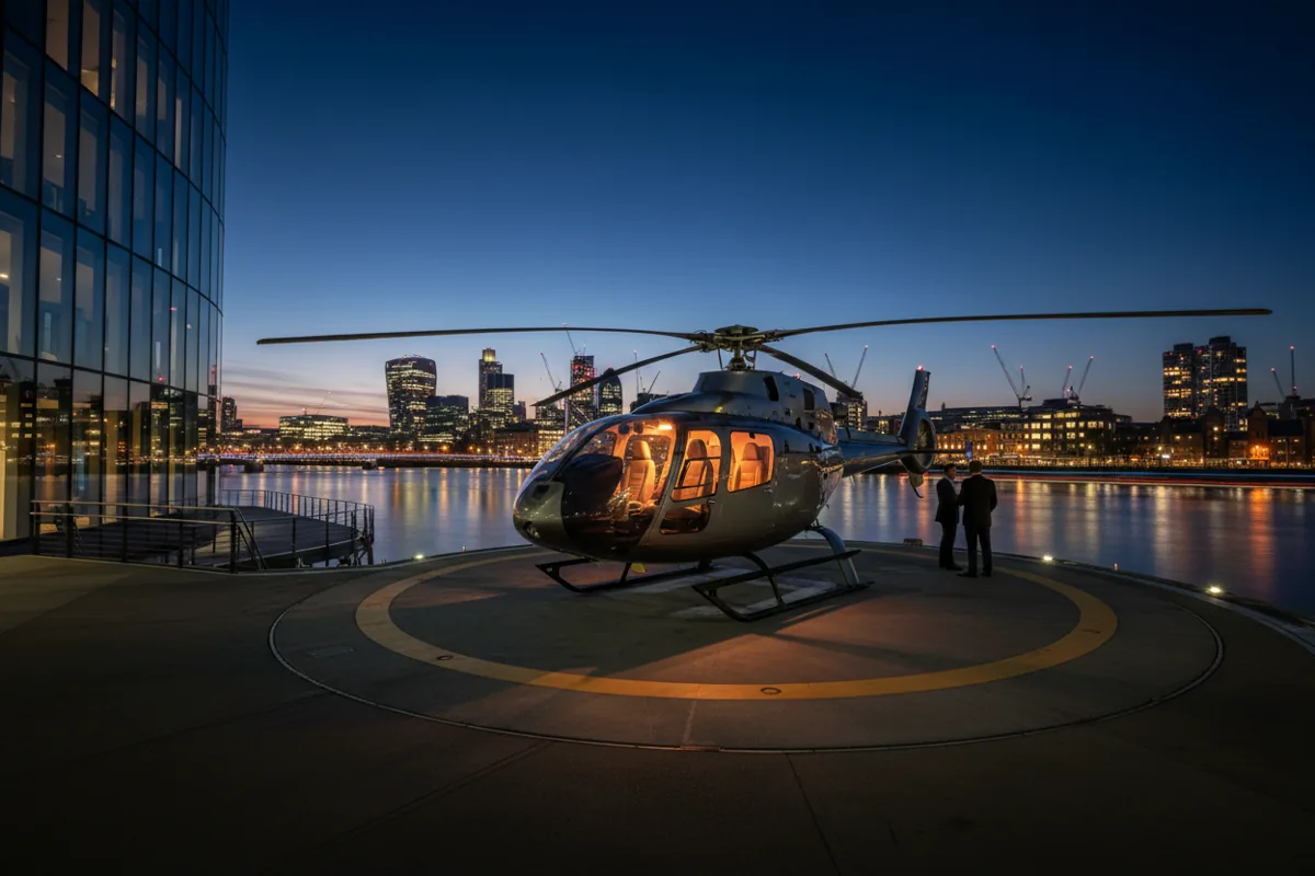 A helicopter on a riverside helipad in London at dusk.
