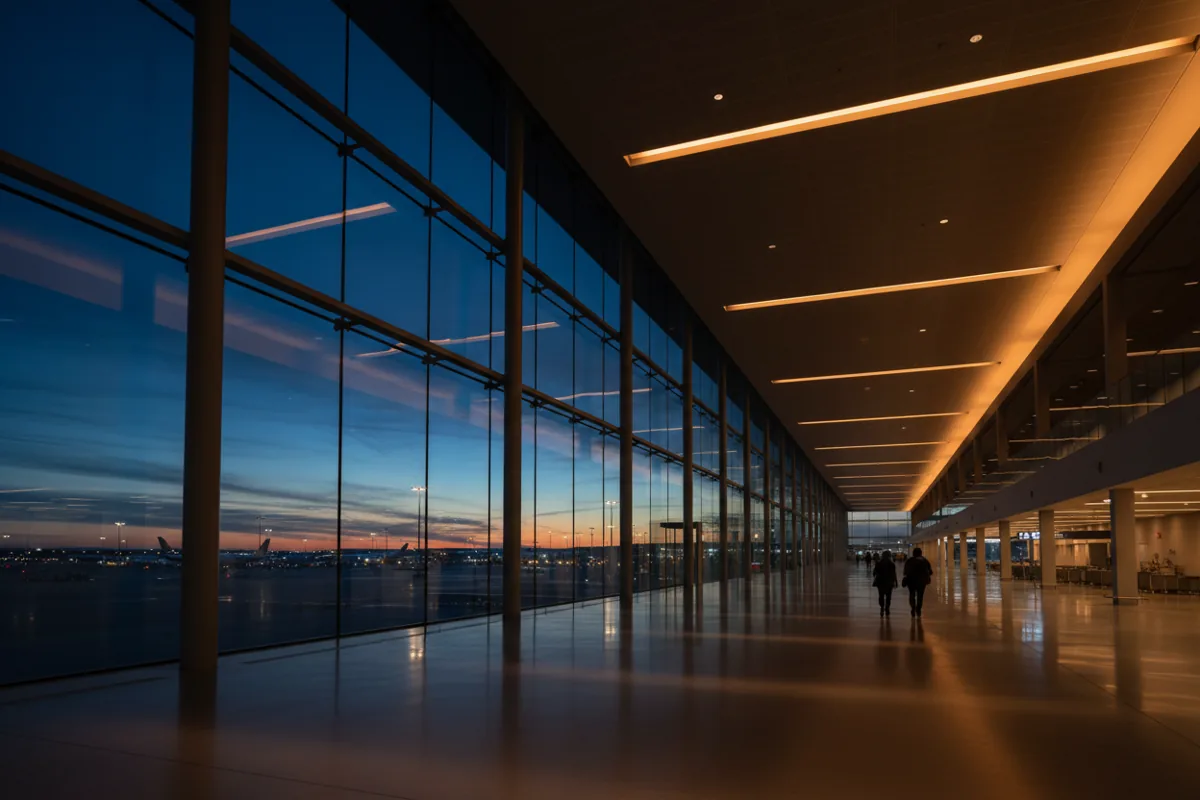 The interior of a spacious, modern airport terminal concourse at twilight.