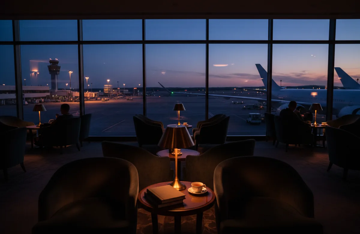 An empty, luxurious airport lounge with a view of the tarmac at night.