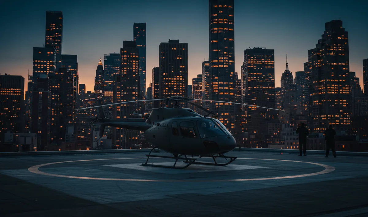 A helicopter on a Manhattan rooftop helipad at dusk with the city skyline in the background.