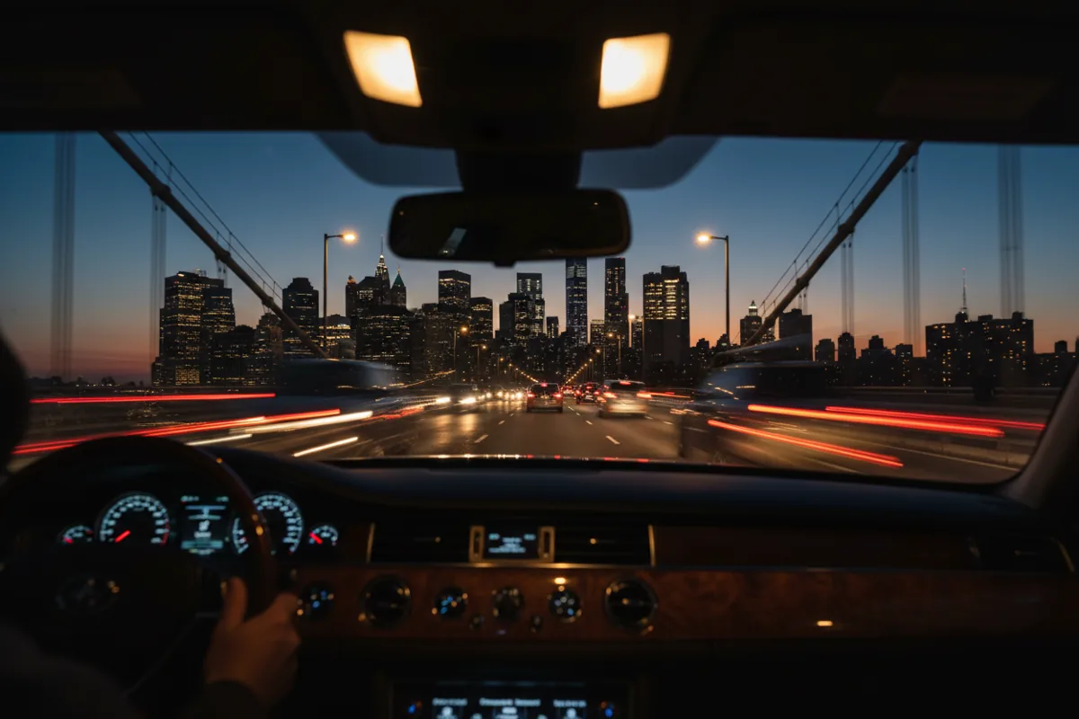 View of a bridge and the Manhattan skyline at dusk from inside a car in traffic.