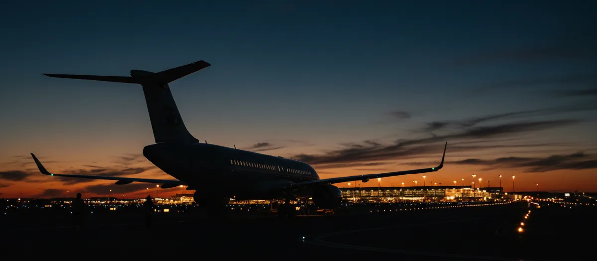 A passenger airplane on an airport tarmac at dusk, with the glowing lights of the terminal in the background.