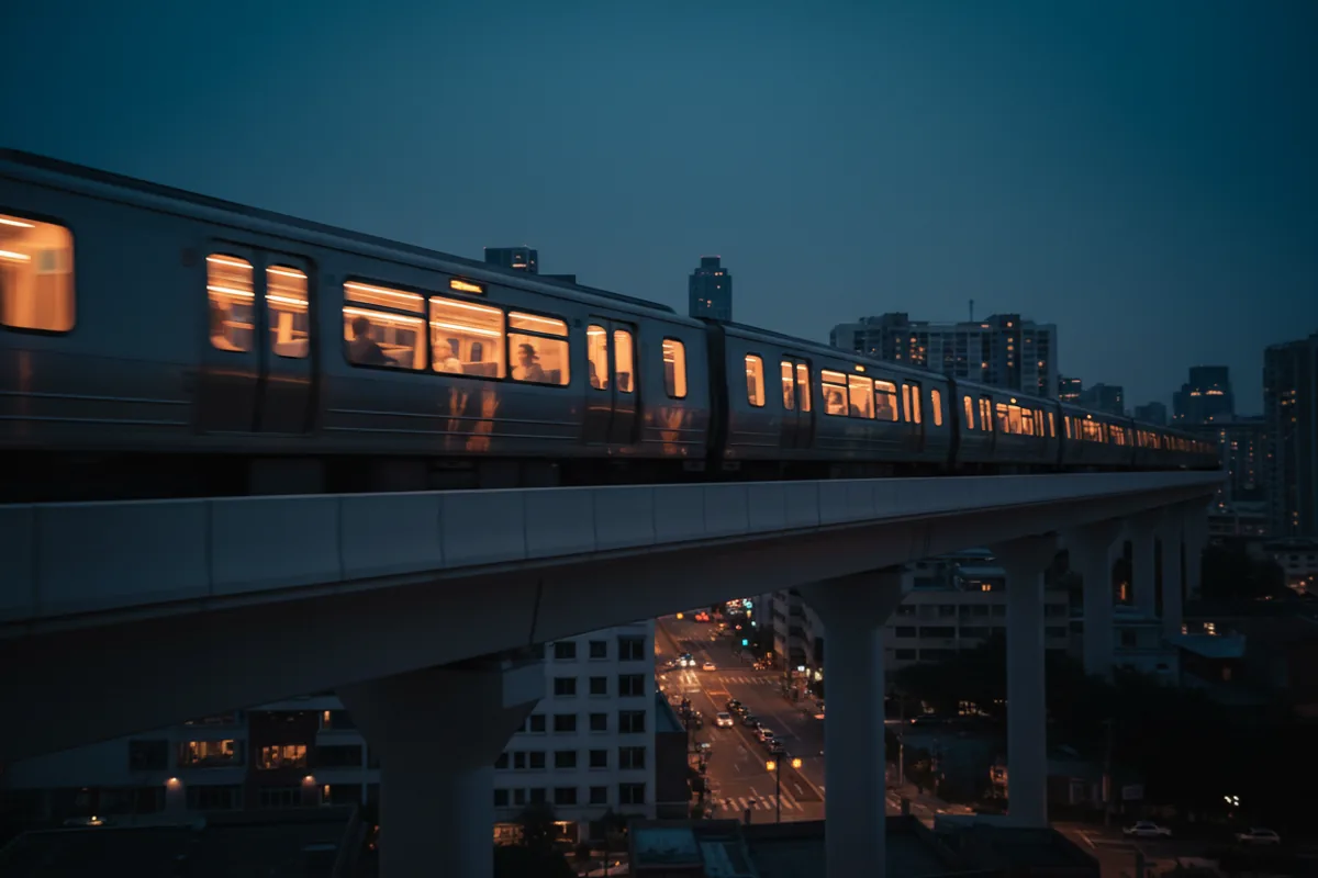 A modern commuter train with lit windows travels on an elevated track through a city at dusk.