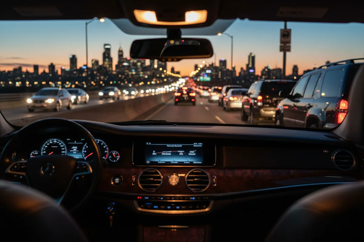 View from inside a car driving over a bridge at night, showing traffic and a distant city skyline.