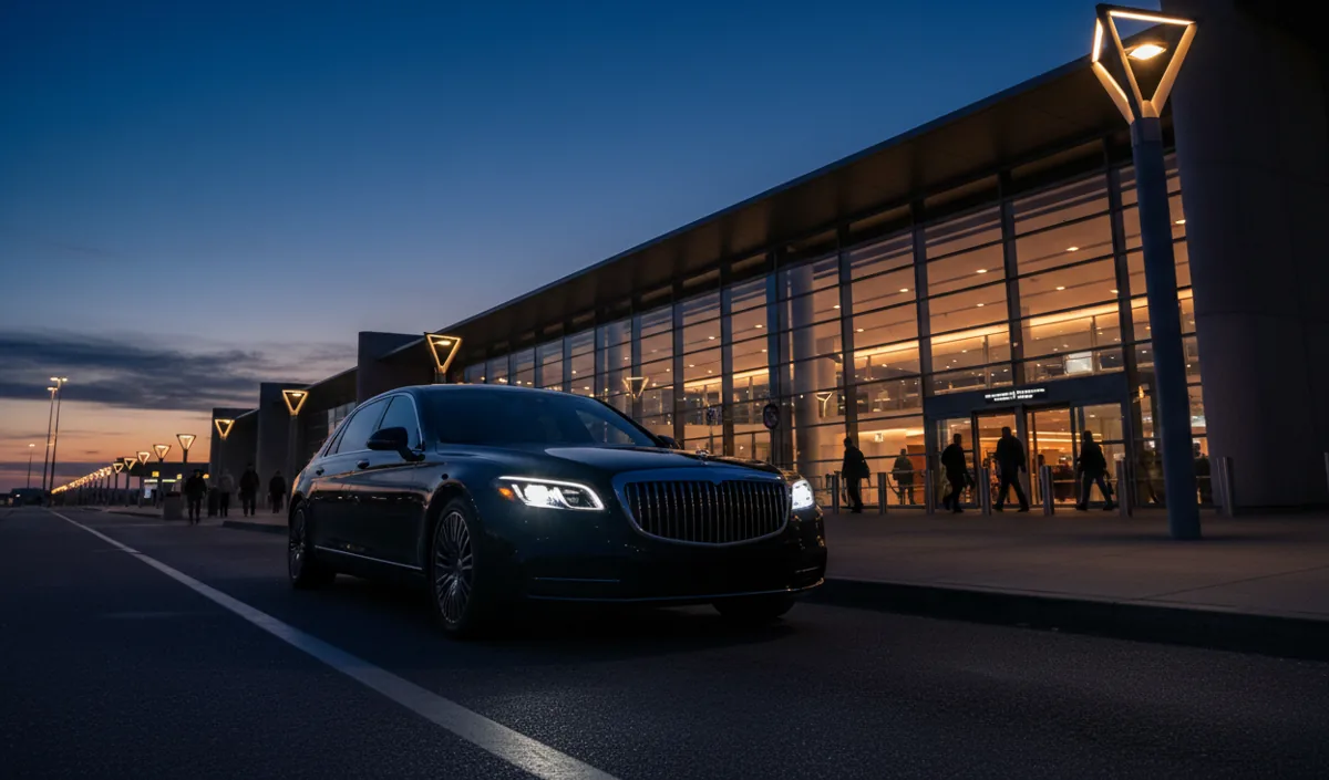 A luxury sedan waits for a passenger at an airport terminal curb at dusk.