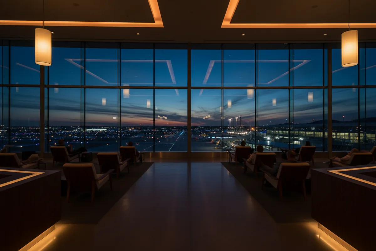 A modern airport lounge with large windows overlooking the runway at dusk.