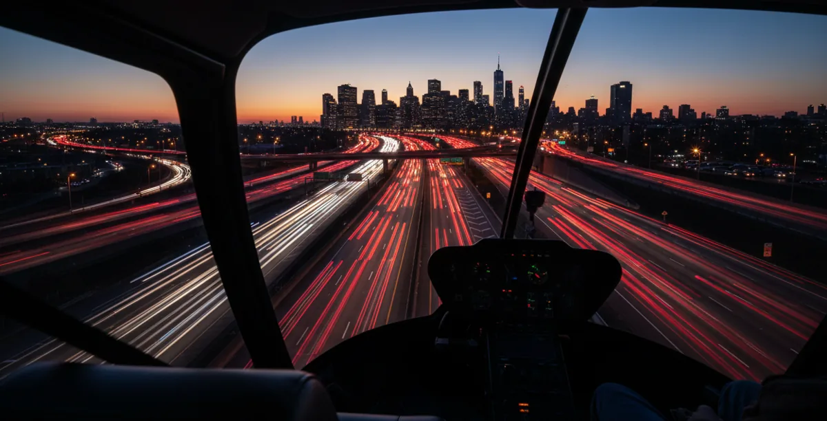 View from a helicopter at dusk, looking over highway traffic towards a brightly lit city skyline.