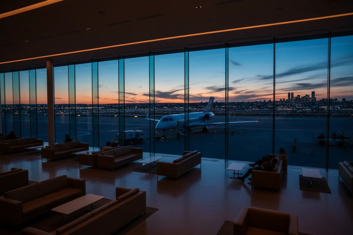 View of a private jet on the tarmac at dusk, seen from inside a modern airport lounge.
