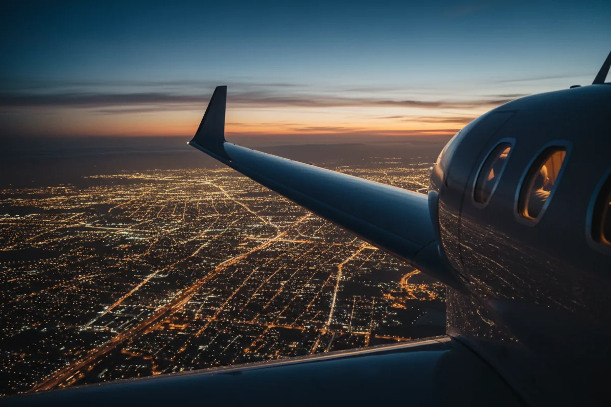 Aerial view from a private jet window, showing a city's lights at night.
