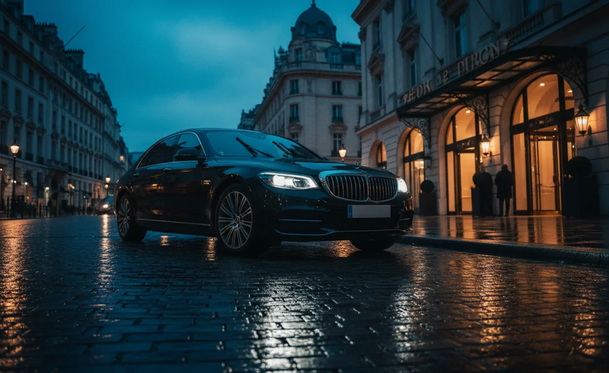 A luxury car parked on a city street at dusk, with glowing building lights in the background.
