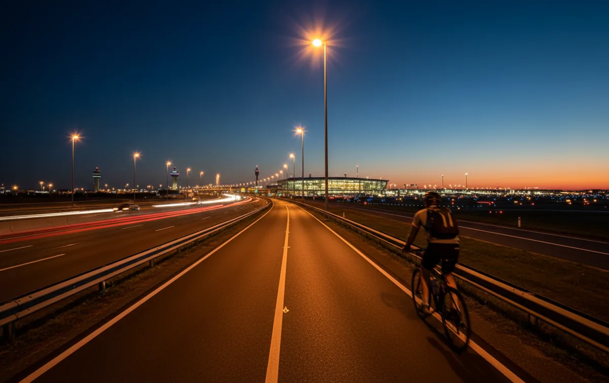 A cyclist on a bike path at twilight, with the glowing lights of an airport terminal in the distance.