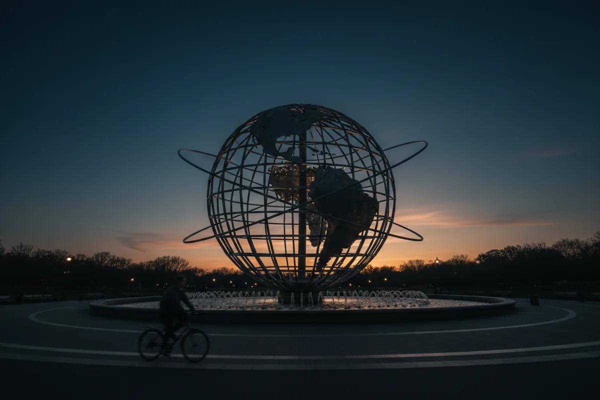 A cyclist rides past the Unisphere in Flushing Meadows Corona Park at dusk.