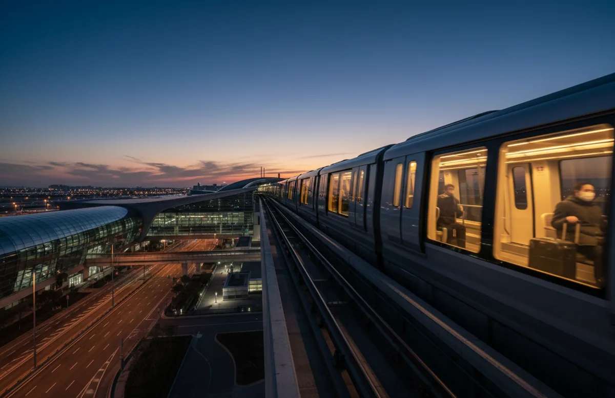 A modern elevated train approaches an airport terminal at dusk.